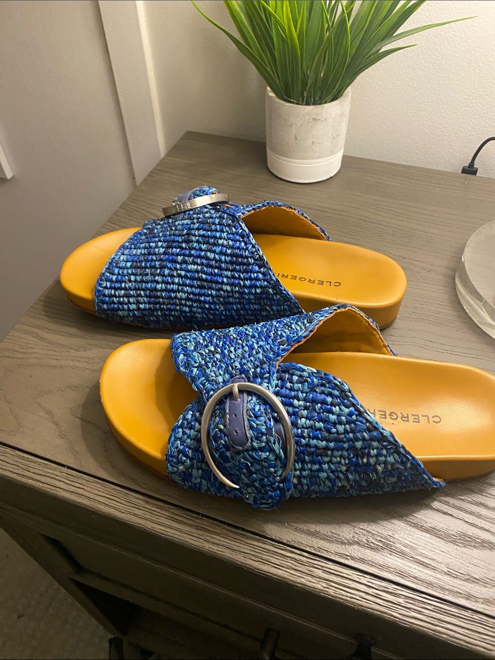 Robert Clergerie Blue Woven Slide Mules with Mustard Footbed Size 39